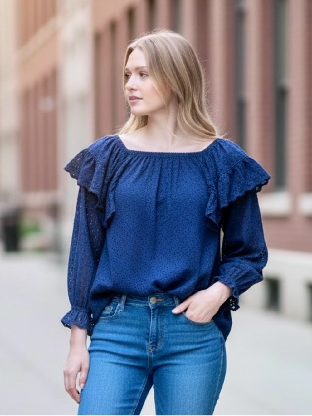 New York Women’s Navy blue, Eyelet, Ruffled Off-Shoulder Blouse